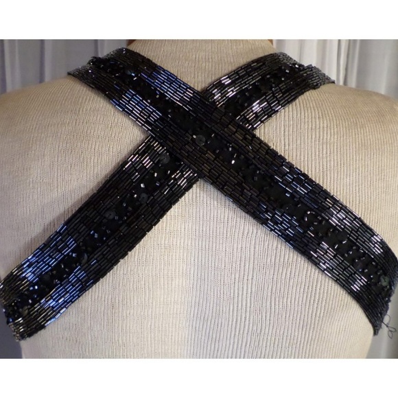 Long Black Silk M Formal Gown Dress Vintage Beaded - Picture 3 of 8